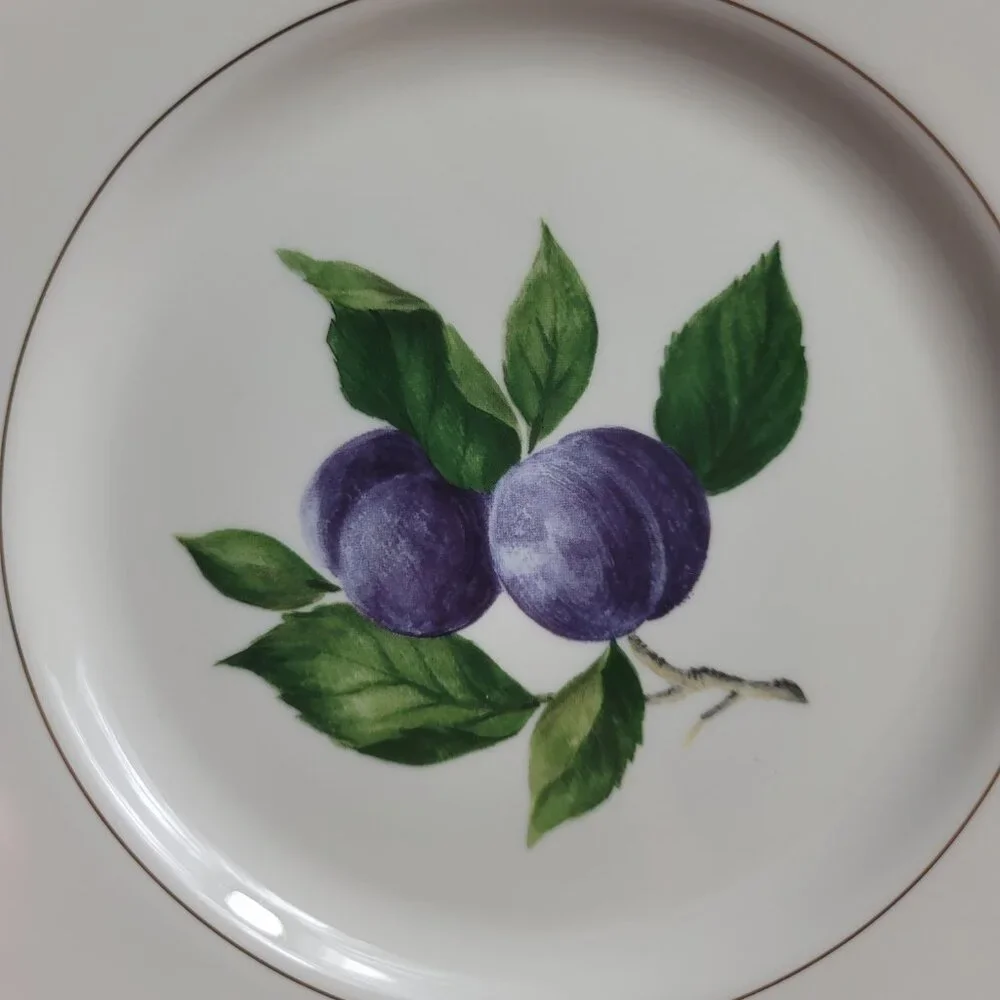 TWO Mikasa Plum Court L3132 Salad Plates White with Purple Plums & Green Leaves